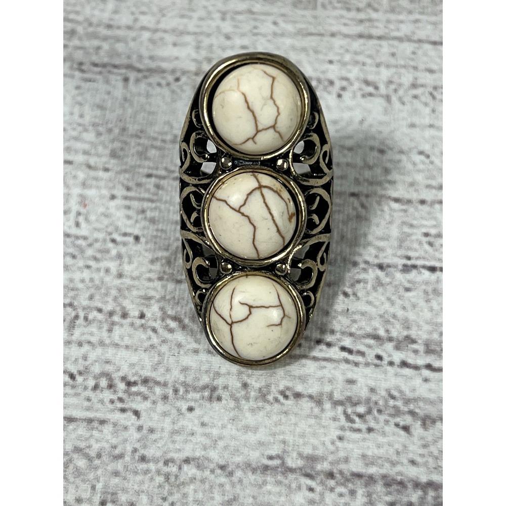 Bronze Tone Filigree 3-Stone Statement Ring with White Faux Turquoise